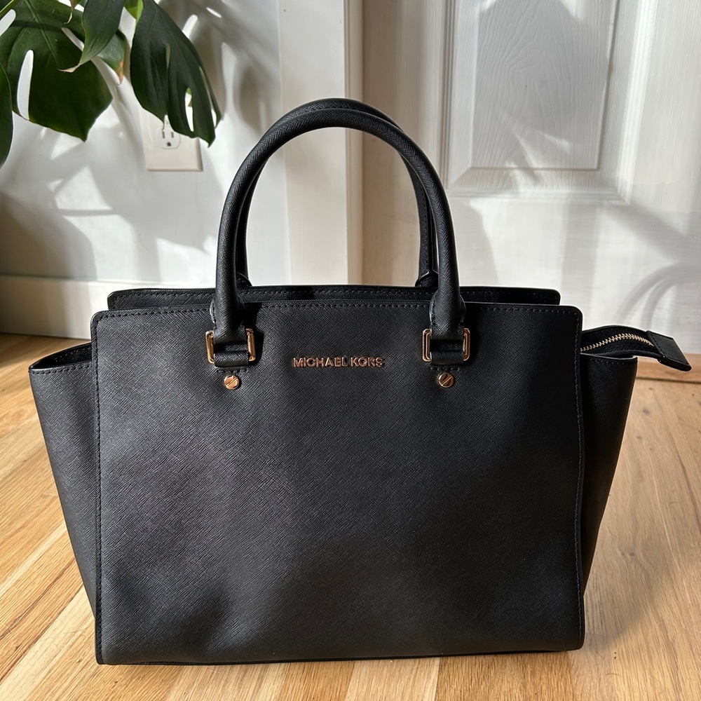 Michael Kors Black Satchel with Structured Design and Gold Accents